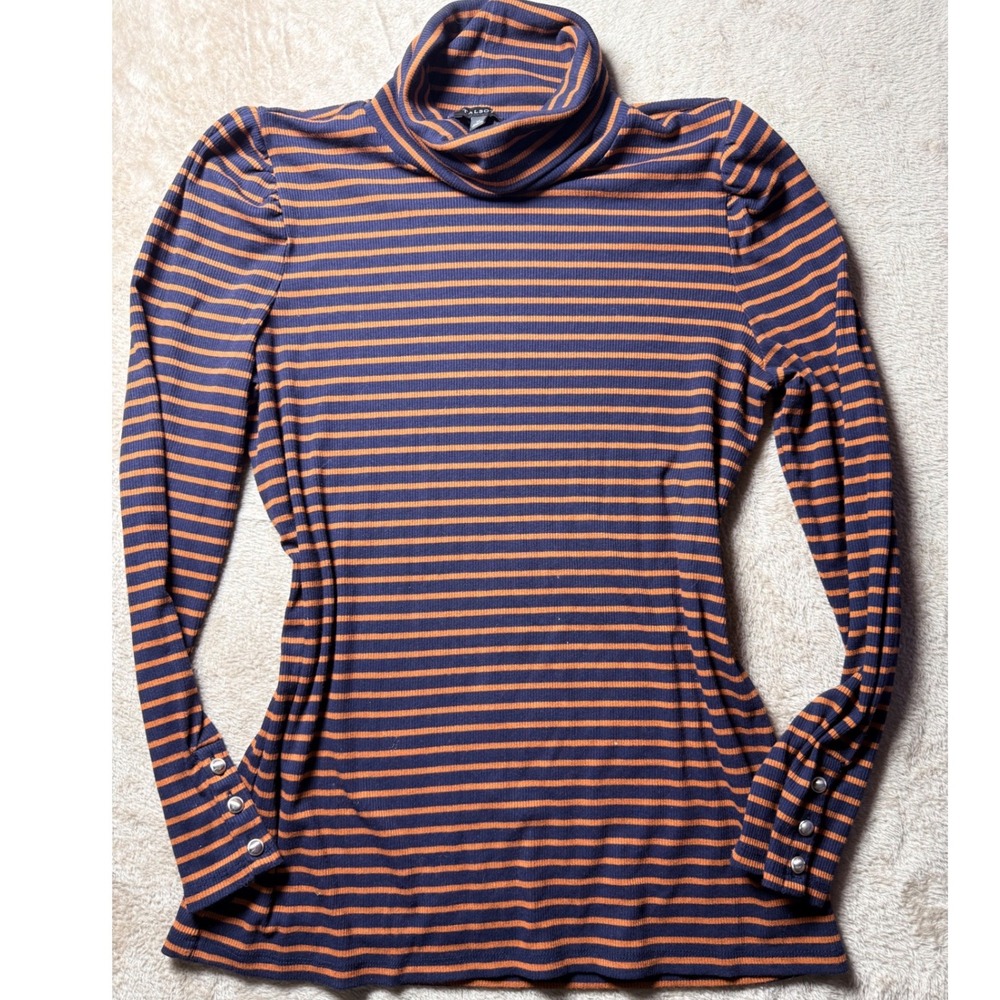 Talbots Striped Ribbed Turtleneck Puff Sleeve Button Cuff Top Academia Preppy